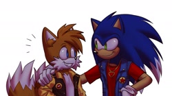 Size: 1740x972 | Tagged: safe, artist:chechewi4ka, miles "tails" prower, sonic the hedgehog, 2023, 90s style, alternate outfit, arm around shoulders, clothes, duo, hand on hip, hand on shoulder, looking at each other, simple background, smile, standing, white background