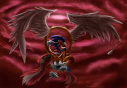 Size: 1600x1120 | Tagged: semi-grimdark, artist:fraeulein-absynth, miles "tails" prower, sonic the hedgehog, oc, oc:sonic.exe, 2013, abstract background, angel wings, black sclera, blood, crying, duo, feather, glowing eyes, grabbing tail, looking at viewer, looking offscreen, mouth open, ring, saliva, sharp teeth, signature, smile, tears, tears of fear, wings