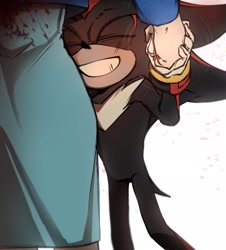 Size: 1850x2048 | Tagged: safe, artist:m3ri2310, maria robotnik, shadow the hedgehog, human, blood, duo, eyes closed, grin, holding hands, smile