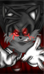 Size: 372x614 | Tagged: semi-grimdark, artist:alicetheartist01, oc, oc:tails.exe, 2016, angry, black sclera, bleeding, bleeding from eyes, bleeding from mouth, blood, clenched teeth, flying, gradient background, lineless, looking ahead, looking offscreen, solo, spinning tails