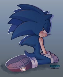 Size: 1441x1762 | Tagged: safe, artist:jazzmm15, sonic the hedgehog, 2024, blushing, clenched teeth, gradient background, kneeling, lidded eyes, looking at viewer, looking over shoulder, signature, solo, sweatdrop