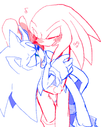 Size: 600x745 | Tagged: safe, artist:knso_no1, knuckles the echidna, sonic the hedgehog, 2024, blushing, clenched teeth, cute, duo, eyes closed, gay, holding each other, knucklebetes, knuxonic, lidded eyes, line art, looking at them, monochrome, musical note, shipping, simple background, smile, sonabetes, standing, sweatdrop, white background