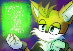 Size: 2048x1448 | Tagged: safe, artist:lablankainko, miles "tails" prower, nine, sonic the hedgehog, sonic prime, 2024, crush, gay, gradient background, hologram screen, lidded eyes, looking at something, nine x sonic, shipping, smile, solo, sonic x tails, sparkles