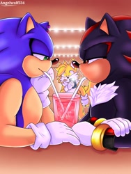 Size: 768x1024 | Tagged: safe, artist:angelwolf534, miles "tails" prower, shadow the hedgehog, sonic the hedgehog, abstract background, cup, drink, drinking, duo focus, gay, indoors, lidded eyes, looking at each other, looking at them, phone, shadow x sonic, shipping, signature, sparkling eyes, straw, tongue out, trio