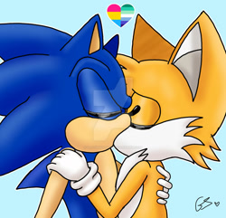 Size: 1280x1232 | Tagged: safe, artist:gayspudling, miles "tails" prower, sonic the hedgehog, 2024, blue background, deviantart watermark, duo, eyes closed, gay, heart, holding each other, kiss, mlm pride, obtrusive watermark, outline, pansexual, pansexual pride, shipping, signature, simple background, sonic x tails, watermark