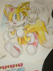 Size: 768x1024 | Tagged: safe, artist:sa2battle, miles "tails" prower, fox, 2024, blushing, flower, flower in ear, looking offscreen, mouth open, signature, smile, solo, traditional media, walking, waving