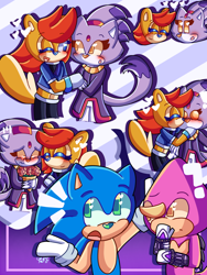 Size: 768x1024 | Tagged: safe, artist:lilcookiebug, blaze the cat, espio the chameleon, sally acorn, sonic the hedgehog, abstract background, blaze x sally, blazebetes, blushing, cute, duo, espibetes, flower bouquet, frown, gay, heart nose, kiss on cheek, lesbian, looking at each other, sallabetes, shipping, signature, smile, sonabetes, sonespio, standing, talking, thought bubble, wink, yellow sclera