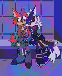 Size: 1057x1280 | Tagged: safe, artist:flucoze, gadget the wolf, infinite the jackal, jackal, wolf, abstract background, beanbrows, blushing, duo, eyes closed, gay, leaning on them, looking at them, mouth open, phantom ruby, rookinite, shipping, signature, sitting