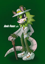 Size: 1280x1807 | Tagged: safe, artist:nonicpower, clutch the opossum, cane, green fur, hat, loafers, male, opossum, tuxedo, white eyes