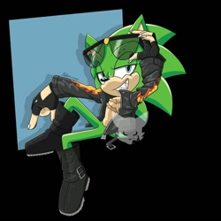 Size: 1000x1000 | Tagged: artist needed, safe, scourge the hedgehog, hedgehog, blue eyes, boots, fingerless gloves, glasses, glasses on head, gloves, green fur, jacket, male, scars, sharp teeth, sunglasses, watermark