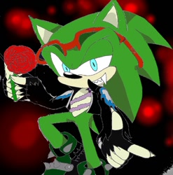 Size: 888x899 | Tagged: safe, artist:4sonicfan, scourge the hedgehog, hedgehog, blue eyes, fangs, fingerless gloves, glasses, glasses on head, gloves, green fur, jacket, male, rose, scars, sharp teeth, shoes, sunglasses