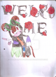 Size: 400x550 | Tagged: safe, artist:thunder-the-mouse, oc, oc:thunder dark the hedgemouse, mouse, belt, brown fur, female, fingerless gloves, glasses, glasses on head, jacket, red eyes, shirt, shorts, sunglasses, traditional media