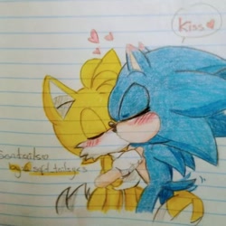 Size: 800x800 | Tagged: safe, artist:soft_tailsy, miles "tails" prower, sonic the hedgehog, 2020, blushing, blushing ears, cute, duo, eyes closed, gay, heart, holding each other, kiss, sfx, ship name, shipping, signature, smile, sonabetes, sonic x tails, standing, tailabetes, traditional media, wagging tail