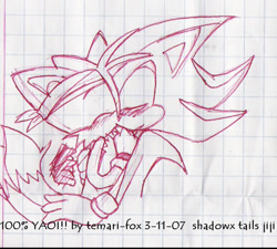 Size: 764x688 | Tagged: safe, artist:temari-fox, miles "tails" prower, shadow the hedgehog, 2007, bandage, blushing, cute, duo, eyes closed, gay, holding each other, kiss, line art, shadails, shipping, signature, sketch, traditional media