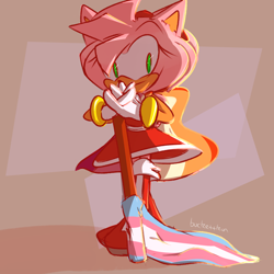 Size: 1280x1280 | Tagged: safe, artist:buckettkun, amy rose, holding something, lesbian, lesbian pride, looking at viewer, pride, signature, smile, solo, standing, trans female, trans pride, transgender