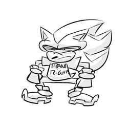 Size: 2048x2048 | Tagged: safe, artist:buckettkun, shadow the hedgehog, alternate outfit, faic, frown, line art, looking offscreen, monochrome, shirt, solo, squatting, squinting, trans rights, words on a shirt