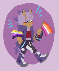 Size: 1280x1536 | Tagged: safe, artist:scrap-brainzone, perci the bandicoot, abstract background, arm band, bandicoot, blushing, clothes, ear fluff, ear piercing, earring, fingerless gloves, flag, hand in pocket, lesbian, lesbian pride, lidded eyes, looking at viewer, nonbinary, nonbinary pride, one fang, pride, pride flag, scar, smile, solo, solo nonbinary, walking, wink