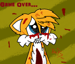 Size: 443x375 | Tagged: semi-grimdark, artist:glitchydoggosnoopy, miles "tails" prower, 2016, abuse, bleeding, bleeding from eyes, blood, clenched teeth, english text, grass, imminent death, injured, looking offscreen, lying down, scratch (injury)