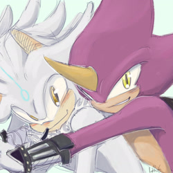 Size: 2048x2048 | Tagged: safe, artist:lokkitos, espio the chameleon, silver the hedgehog, blushing, duo, gay, hugging, hugging from behind, looking at viewer, shipping, signature, silvio, simple background, sketch, smile, white background