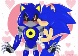 Size: 900x643 | Tagged: safe, artist:du-o, metal sonic, sonic the hedgehog, 2018, abstract background, black sclera, blushing, blushing arm, blushing ears, blushing shoulder, duo, gay, heart, holding arm, kiss on cheek, metonic, outline, robot, shipping, signature, standing, surprised