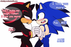 Size: 1024x683 | Tagged: safe, artist:du-o, shadow the hedgehog, sonic the hedgehog, 2020, blushing, dialogue, duo, gay, holding hands, lidded eyes, looking at viewer, mouth open, shadow x sonic, shipping, signature, simple background, speech bubble, standing, white background