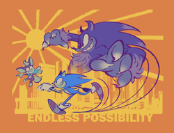 Size: 3856x2948 | Tagged: safe, artist:cowinf, chip, sonic the hedgehog, 2024, cityscape, endless possibility (song), orange background, simple background, song name, sonic the werehog, sun, were form, werehog