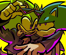 Size: 1800x1500 | Tagged: safe, artist:cowinf, scourge the hedgehog, sonic the hedgehog, 2024, duo, looking at them, sharp teeth, simple background, smile, sunglasses, tongue out, yellow background