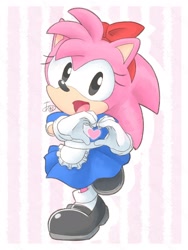 Size: 1668x2224 | Tagged: safe, artist:aogane_enagoa, amy rose, 2024, classic amy, heart hands, solo, standing, striped background