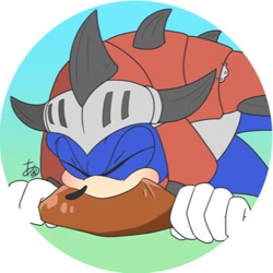 Size: 400x400 | Tagged: safe, artist:aogane_enagoa, sonic the hedgehog, sonic frontiers, eating, eyes closed, food, monster hunter, solo