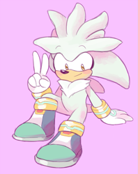 Size: 711x900 | Tagged: safe, artist:cherucat, silver the hedgehog, 2015, blushing, cute, eyebrow clipping through hair, looking at viewer, pink background, silvabetes, simple background, sitting, smile, solo, v sign