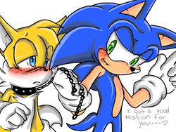 Size: 1400x1050 | Tagged: suggestive, artist:patrial, miles "tails" prower, sonic the hedgehog, 2010, blushing, chain, collar, dialogue, duo, english text, eye clipping through hair, frown, gay, heart, holding something, lidded eyes, looking at each other, mouth open, pointing, shipping, simple background, smile, sonic x tails, standing, studded collar, studded leather, white background