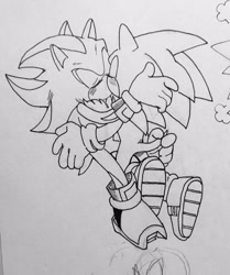 Size: 827x988 | Tagged: safe, artist:nisehog, shadow the hedgehog, sonic the hedgehog, 2020, blushing, duo, eyes closed, gay, holding each other, kiss, line art, penwork, shadow x sonic, shipping, standing on one leg, traditional media