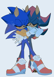 Size: 1533x2160 | Tagged: safe, artist:acidbunnyart, shadow the hedgehog, sonic the hedgehog, 2024, cute, duo, eyelashes, gay, grey background, holding each other, holding hands, shadow x sonic, shipping, simple background, smile, sparkles, standing, star (symbol)