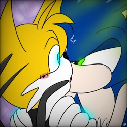 Size: 1000x1000 | Tagged: safe, artist:galaxyworld77, miles "tails" prower, nine, sonic the hedgehog, sonic prime, 2024, blushing, duo, flat colors, gay, glowing eyes, gradient background, hands on another's shoulders, kiss, looking at each other, nine x sonic, shipping, signature, sonic x tails, surprise kiss, surprised