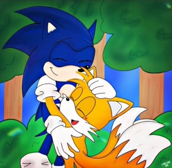 Size: 720x700 | Tagged: safe, artist:galaxyworld77, miles "tails" prower, sonic the hedgehog, 2023, abstract background, cute, daytime, duo, eyes closed, flat colors, forest, gay, hugging, mouth open, outdoors, shipping, signature, smile, sonic x tails, standing, tree