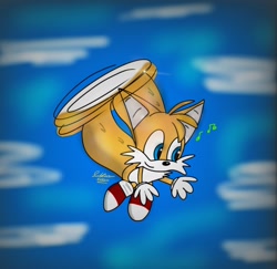 Size: 1236x1200 | Tagged: safe, artist:galaxyworld77, miles "tails" prower, 2023, clouds, cute, flat colors, flying, gradient background, looking down, musical note, signature, smile, solo, spinning tails