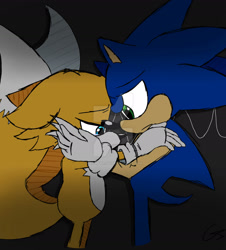 Size: 1280x1417 | Tagged: safe, artist:gayspudling, miles "tails" prower, sonic the hedgehog, 2024, comforting, crying, dark, deviantart watermark, duo, flat colors, floppy ears, frown, gay, grey background, holding something, lidded eyes, looking at them, looking down, obtrusive watermark, shipping, signature, simple background, sonic x tails, standing, tears, vitals, watermark