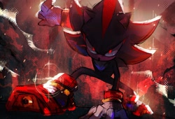 Size: 2048x1394 | Tagged: safe, artist:sa1k_a, shadow the hedgehog, 2024, abstract background, glowing eyes, hand on ground, solo