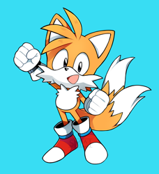 Size: 1280x1401 | Tagged: safe, artist:smaiisart, miles "tails" prower, blue background, classic tails, clenched fists, looking at viewer, mouth open, simple background, smile, solo, standing