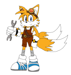 Size: 1812x1920 | Tagged: safe, artist:jongar8, oc, oc:taily the fox, fox, belt, blue eyes, blue shoes, boom style, clothes, eyelashes, female, flat colors, gloves, goggles, hand on hip, holding something, looking at viewer, not tails, oc only, overalls, shoes, simple background, smile, solo, sonic boom (tv), sports tape, standing, transparent background, white fur, wrench, yellow fur