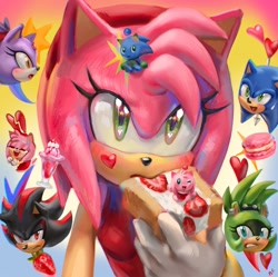 Size: 1668x1658 | Tagged: safe, artist:ncarts____, amy rose, blaze the cat, shadow the hedgehog, sonic the hedgehog, surge the tenrec, cake, strawberry