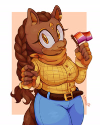 Size: 1600x2011 | Tagged: safe, artist:jevsterchester, oc, oc:sadie, 2021, brown eyes, brown fur, clothes, ear piercing, earring, female, flag, holding something, horse, lesbian, lesbian pride, looking at viewer, nose ring, oc only, pride, pride flag, smile, solo, standing