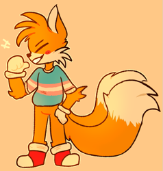 Size: 599x629 | Tagged: safe, artist:plumblossom13, miles "tails" prower, alternate outfit, arm fluff, blushing, cute, eyes closed, hand on hip, outline, pointing, shirt, simple background, smile, solo, tailabetes, trans pride, transgender, yellow background