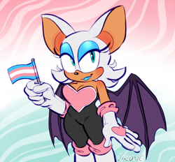 Size: 800x742 | Tagged: safe, artist:virune, rouge the bat, abstract background, flag, gender headcanon, headcanon, pride, pride flag, smile, standing, trans female, trans pride, transgender