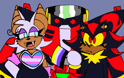 Size: 925x587 | Tagged: safe, artist:fortrustory, e-123 omega, rouge the bat, shadow the hedgehog, agender, agender pride, blue background, cute, earring, fangs, flag, holding something, lidded eyes, looking at them, looking offscreen, nonbinary, nonbinary pride, paint, pride, pride flag, robot, rougabetes, shadowbetes, simple background, smile, standing, team dark, trans female, trans pride, transgender, trio, yellow sclera