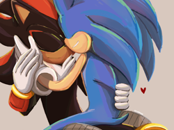 Size: 2048x1535 | Tagged: safe, artist:silvermun, shadow the hedgehog, sonic the hedgehog, beige background, cute, duo, eyes closed, gay, heart, holding each other, shadow x sonic, shadowbetes, shipping, simple background, sitting, smile, sonabetes