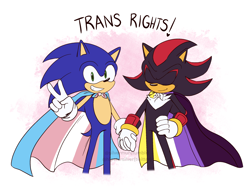 Size: 2048x1535 | Tagged: safe, artist:silvermun, shadow the hedgehog, sonic the hedgehog, ask response, cape, cute, duo, english text, eyes closed, flat colors, gay, gradient background, hand on hip, holding hands, looking at viewer, nonbinary, nonbinary pride, pride, shadow x sonic, shipping, signature, smile, standing, trans male, trans pride, trans rights, transgender, v sign