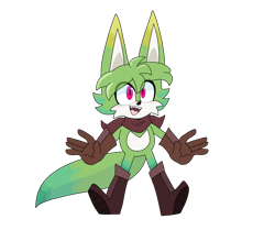 Size: 2048x1790 | Tagged: safe, artist:susahnasomething, oc, oc:fletcher, fox, alternate universe, bandana, boots, brown gloves, brown shoes, cute, eye clipping through hair, fankid, gloves, green fur, looking offscreen, mouth open, oc only, ocbetes, parent:kit, parent:tails, parents:kittails, pink eyes, simple background, smile, solo, transparent background