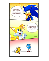 Size: 1638x2048 | Tagged: safe, artist:snt0skt, miles "tails" prower, sonic the hedgehog, ..., 2024, awkward, comic, cute, dialogue, duo, english text, gay, mouth open, question mark, shipping, signature, simple background, sonabetes, sonic x tails, speech bubble, standing, sweatdrop, tailabetes, wat, white background