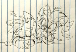 Size: 2048x1411 | Tagged: safe, artist:shadails, miles "tails" prower, shadow the hedgehog, ..., cute, duo, eyes closed, gay, line art, lined paper, looking at them, pencilwork, shadails, shadowbetes, shipping, sitting, sleeping, standing, tailabetes, traditional media, zzz